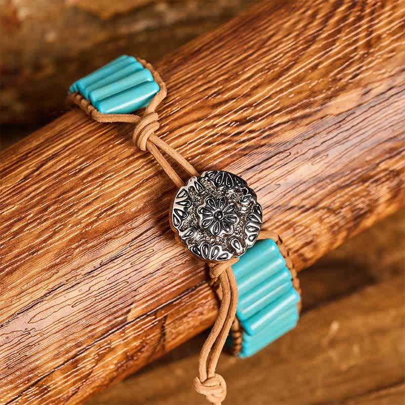 Western Turquoise Cowgirl Tube Bead Brown Leather Bracelet - image 1