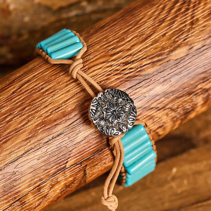 Western Turquoise Cowgirl Tube Bead Brown Leather Bracelet - image 1