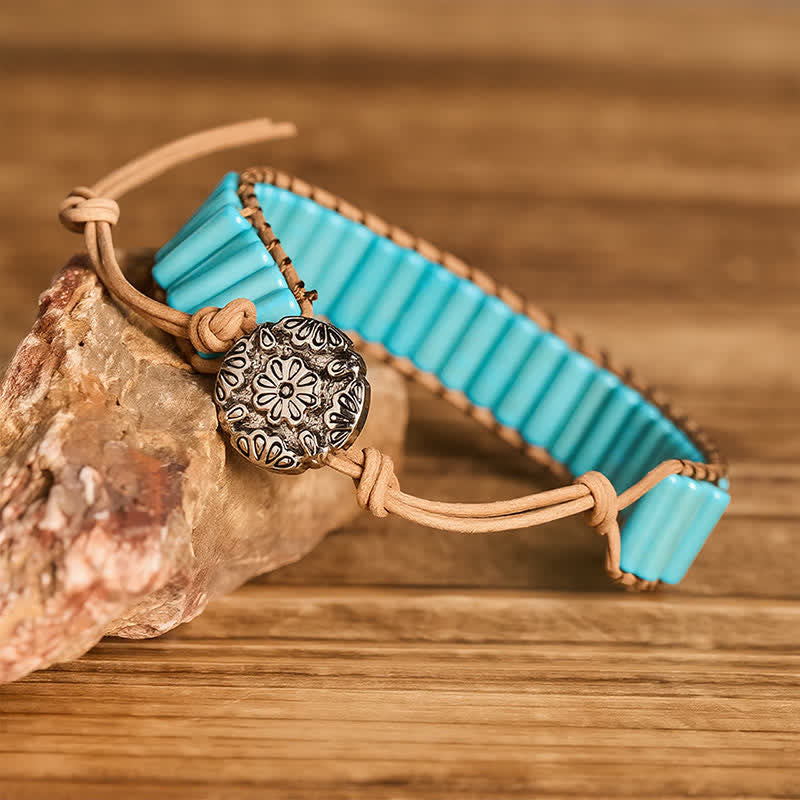 Western Turquoise Cowgirl Tube Bead Brown Leather Bracelet - image 2