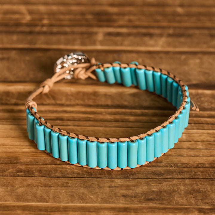 Western Turquoise Cowgirl Tube Bead Brown Leather Bracelet - image 3