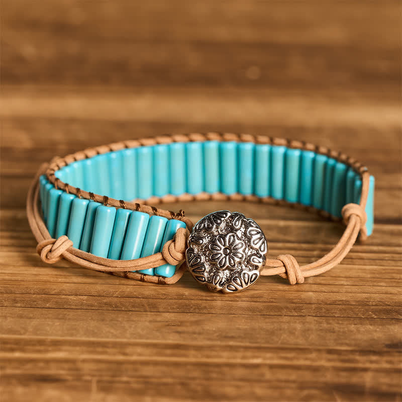 Western Turquoise Cowgirl Tube Bead Brown Leather Bracelet - Turquoise - image 0