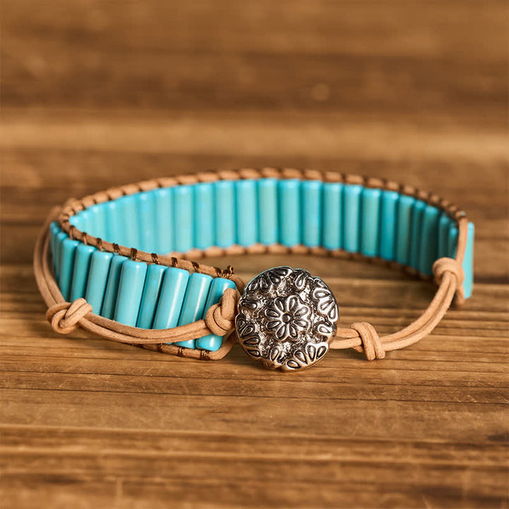 Western Turquoise Cowgirl Tube Bead Brown Leather Bracelet - Turquoise - image 0