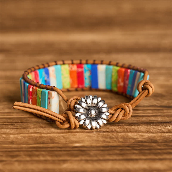 Sunflower Button Turquoise Tube Healing Leather Bracelet - Multicolor - image 0