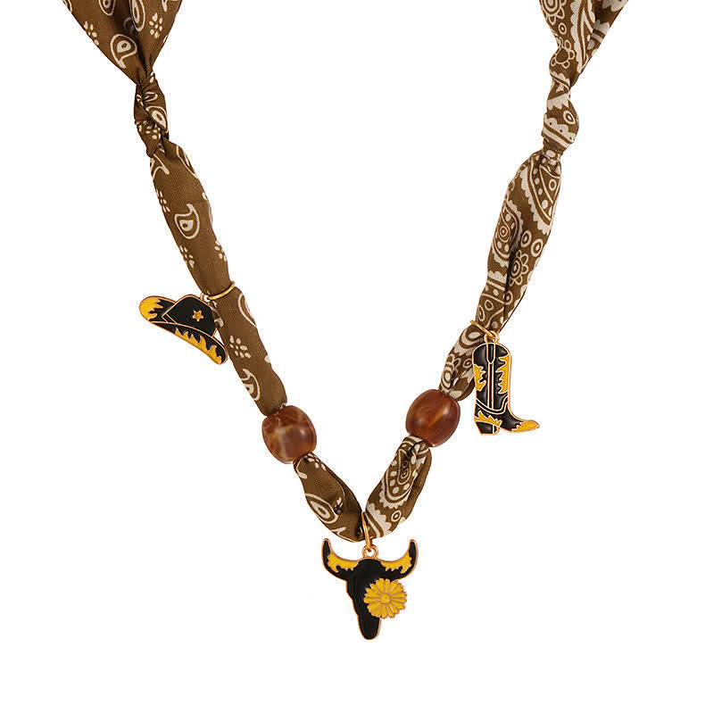 Boho Western Edition Cowboy Charms Scarf Necklace Collection - Brown - image 2