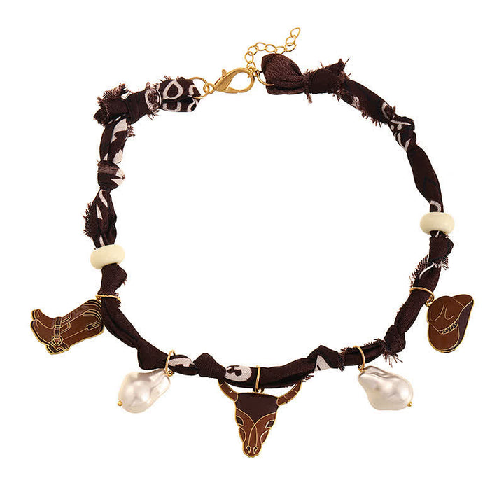 Sweet Howdy Longhorn Bull Scarf Necklace With Boots & Hat Charms - Brown - image 5