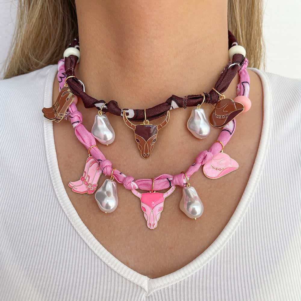 Sweet Howdy Longhorn Bull Scarf Necklace With Boots & Hat Charms - image 0