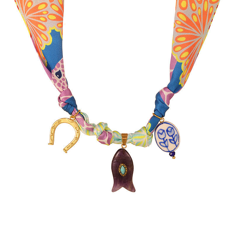 Colorful Lucky Charm Horseshoe & Fish Scarf Necklace - image 3