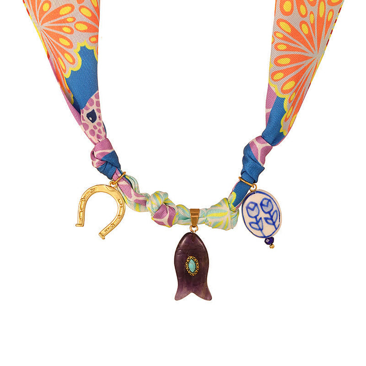 Colorful Lucky Charm Horseshoe & Fish Scarf Necklace - image 3