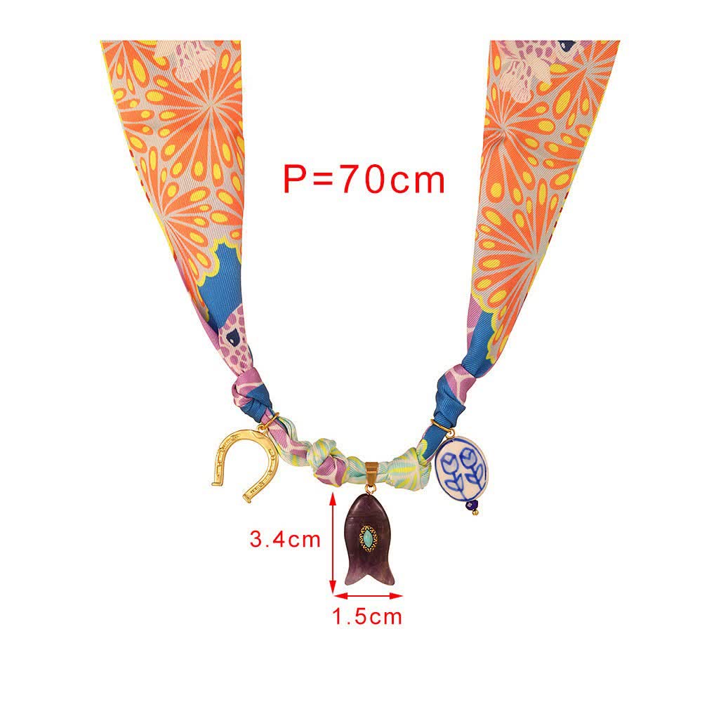 Colorful Lucky Charm Horseshoe & Fish Scarf Necklace - image 4