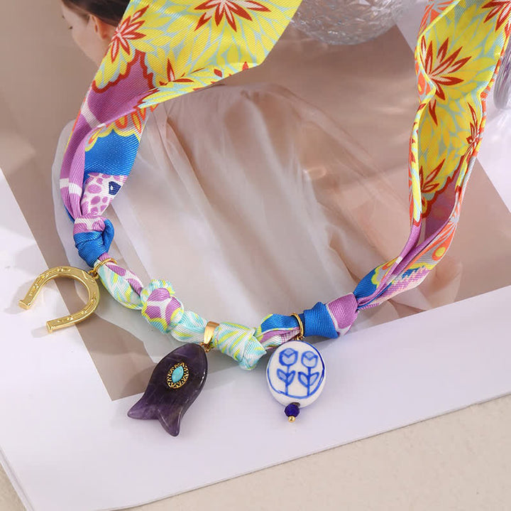 Colorful Lucky Charm Horseshoe & Fish Scarf Necklace - image 2