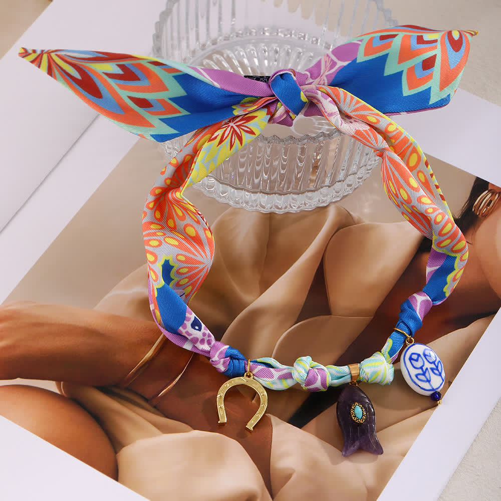 Colorful Lucky Charm Horseshoe & Fish Scarf Necklace - image 1