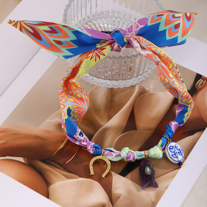 Colorful Lucky Charm Horseshoe & Fish Scarf Necklace - image 1
