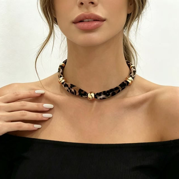 Minimalist Leopard Pattern Scarf Necklace With Gold Beads - image 3