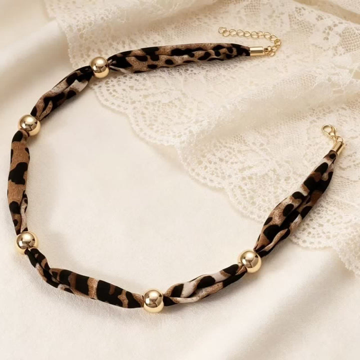 Minimalist Leopard Pattern Scarf Necklace With Gold Beads - image 2