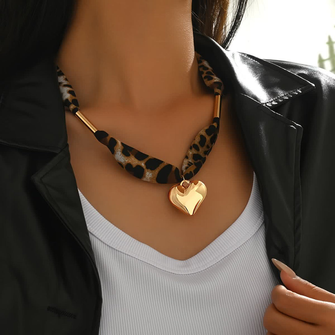 Wild Heart Leopard Pattern Scarf Necklace With Gold Heart Pendant - image 3