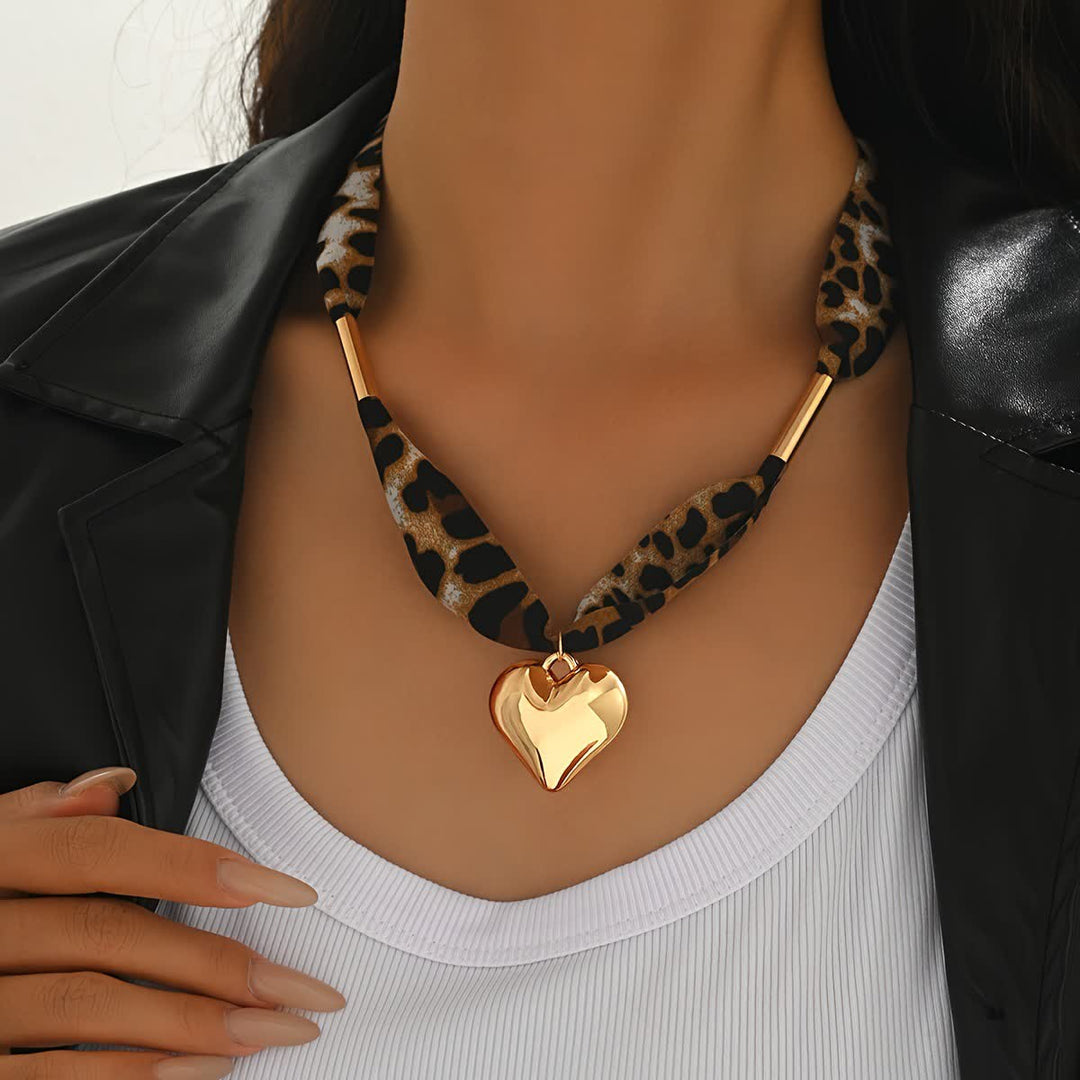 Wild Heart Leopard Pattern Scarf Necklace With Gold Heart Pendant - Brown - image 0