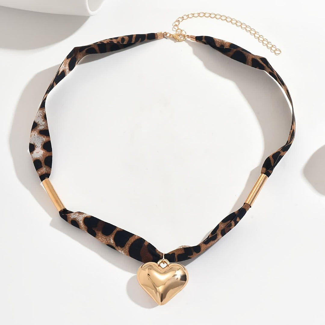 Wild Heart Leopard Pattern Scarf Necklace With Gold Heart Pendant - image 1