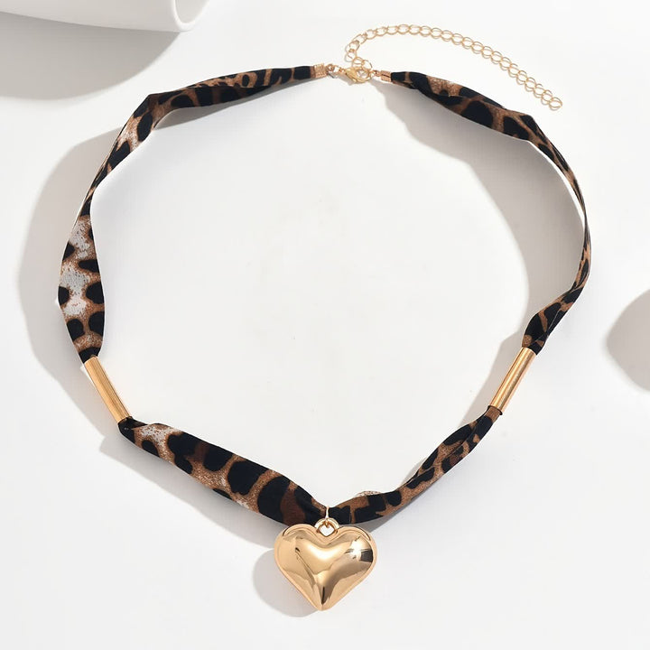 Wild Heart Leopard Pattern Scarf Necklace With Gold Heart Pendant - image 1