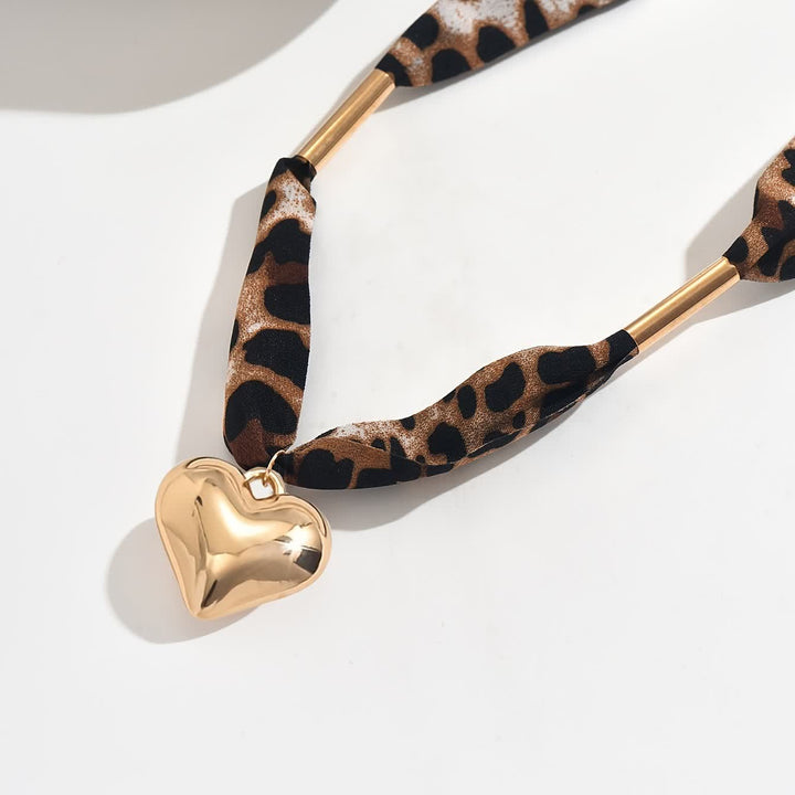 Wild Heart Leopard Pattern Scarf Necklace With Gold Heart Pendant - image 2