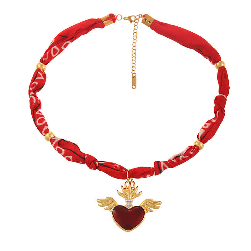 Vintage Red Bandana Gold Winged Sacred Heart Scarf Necklace - image 1