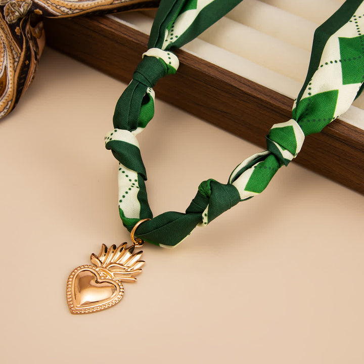 Sacred Heart Emerald Green Check Scarf Necklace - image 2