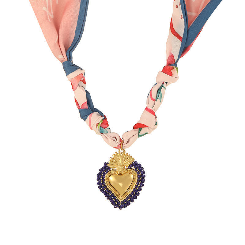 Sacred Heart Hand-Knotted Paisley Bandana Scarf Necklace Collection - Pink & Navy Blue - image 3