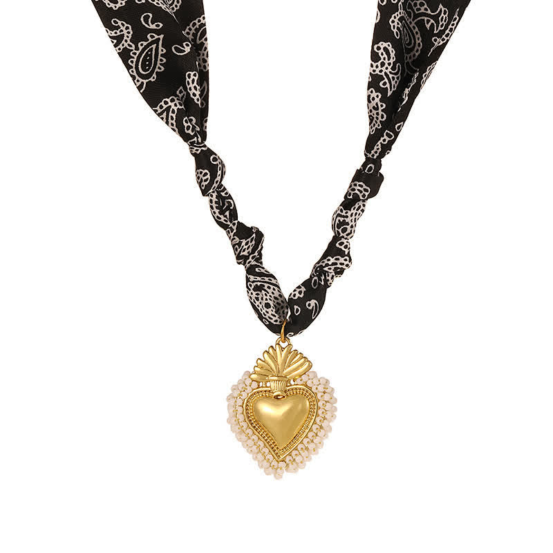 Sacred Heart Hand-Knotted Paisley Bandana Scarf Necklace Collection - Black & Ivory - image 8