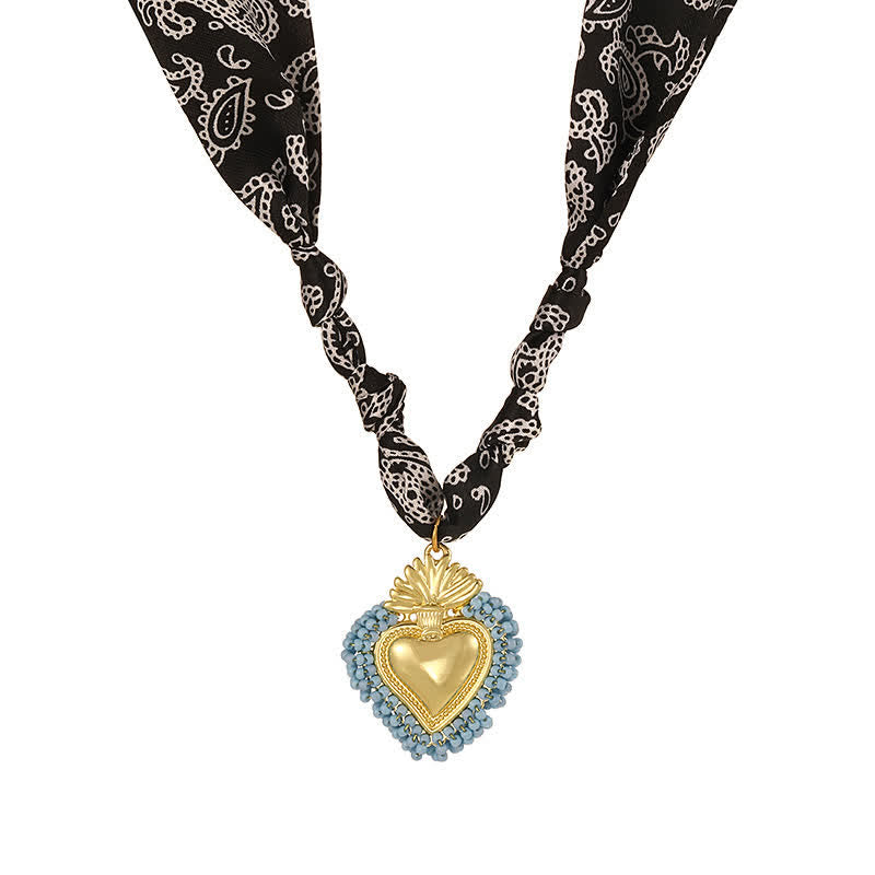 Sacred Heart Hand-Knotted Paisley Bandana Scarf Necklace Collection - Black & Blue - image 7