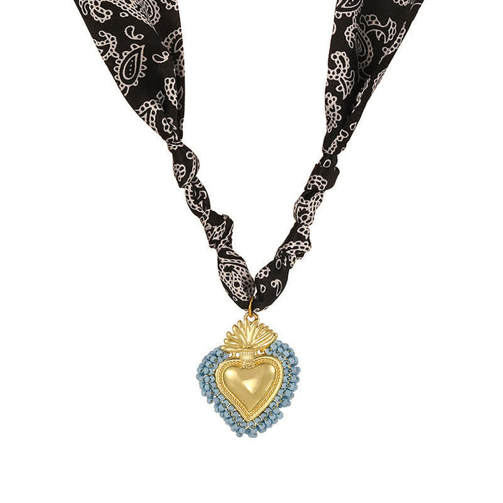 Sacred Heart Hand-Knotted Paisley Bandana Scarf Necklace Collection - Black & Blue - image 7