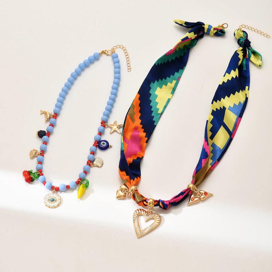 2Pcs Vacation Layering Beaded Heart Scarf Necklace Set - image 1