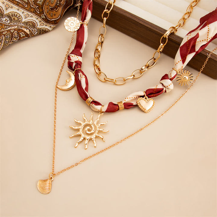 3Pcs Sun Moon Burgundy Argyle Bandana Scarf Necklace Set - image 1