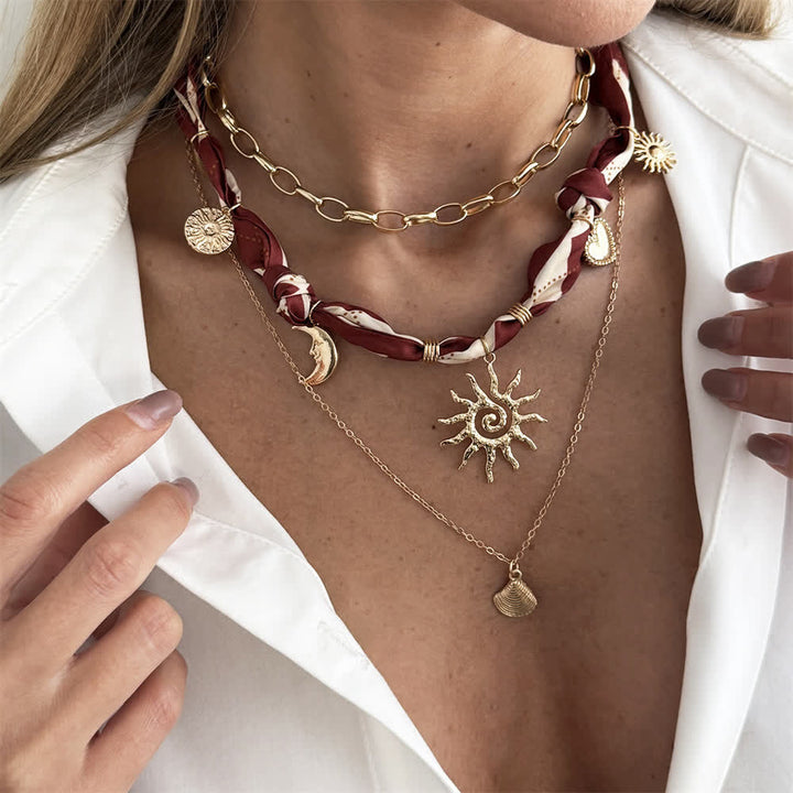 3Pcs Sun Moon Burgundy Argyle Bandana Scarf Necklace Set - 3Pcs - image 0