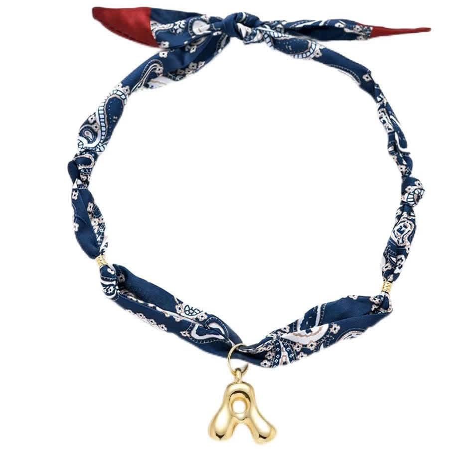Initial Navy Paisley Bandana Scarf Necklace With Gold Bubble Letter Pendant - image 2