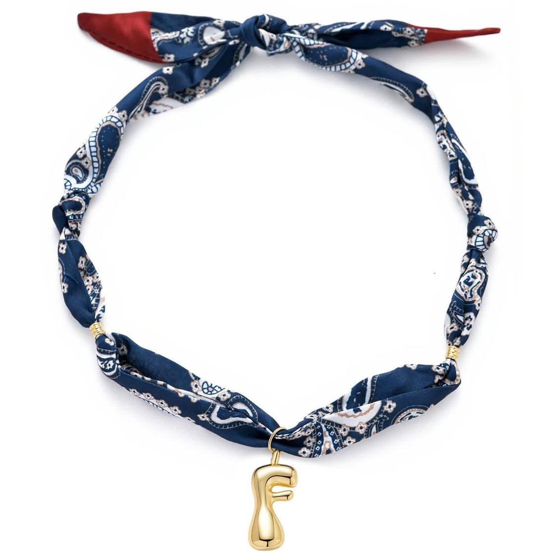 Initial Navy Paisley Bandana Scarf Necklace With Gold Bubble Letter Pendant - F - image 10