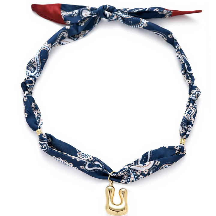 Initial Navy Paisley Bandana Scarf Necklace With Gold Bubble Letter Pendant - U - image 25