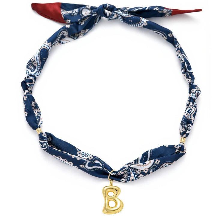 Initial Navy Paisley Bandana Scarf Necklace With Gold Bubble Letter Pendant - B - image 6