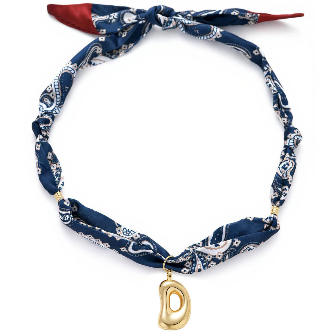 Initial Navy Paisley Bandana Scarf Necklace With Gold Bubble Letter Pendant - D - image 8
