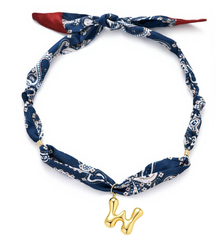 Initial Navy Paisley Bandana Scarf Necklace With Gold Bubble Letter Pendant - W - image 27