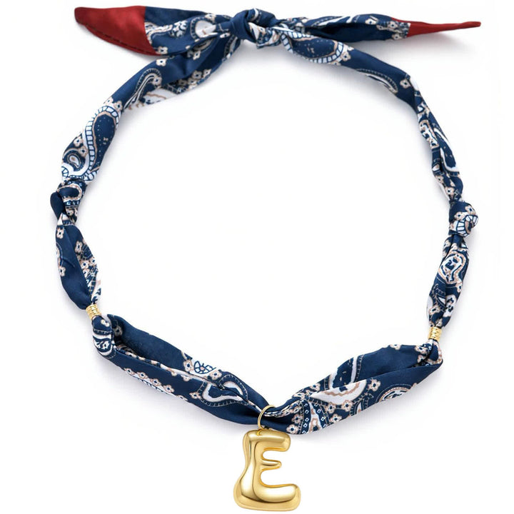 Initial Navy Paisley Bandana Scarf Necklace With Gold Bubble Letter Pendant - E - image 9