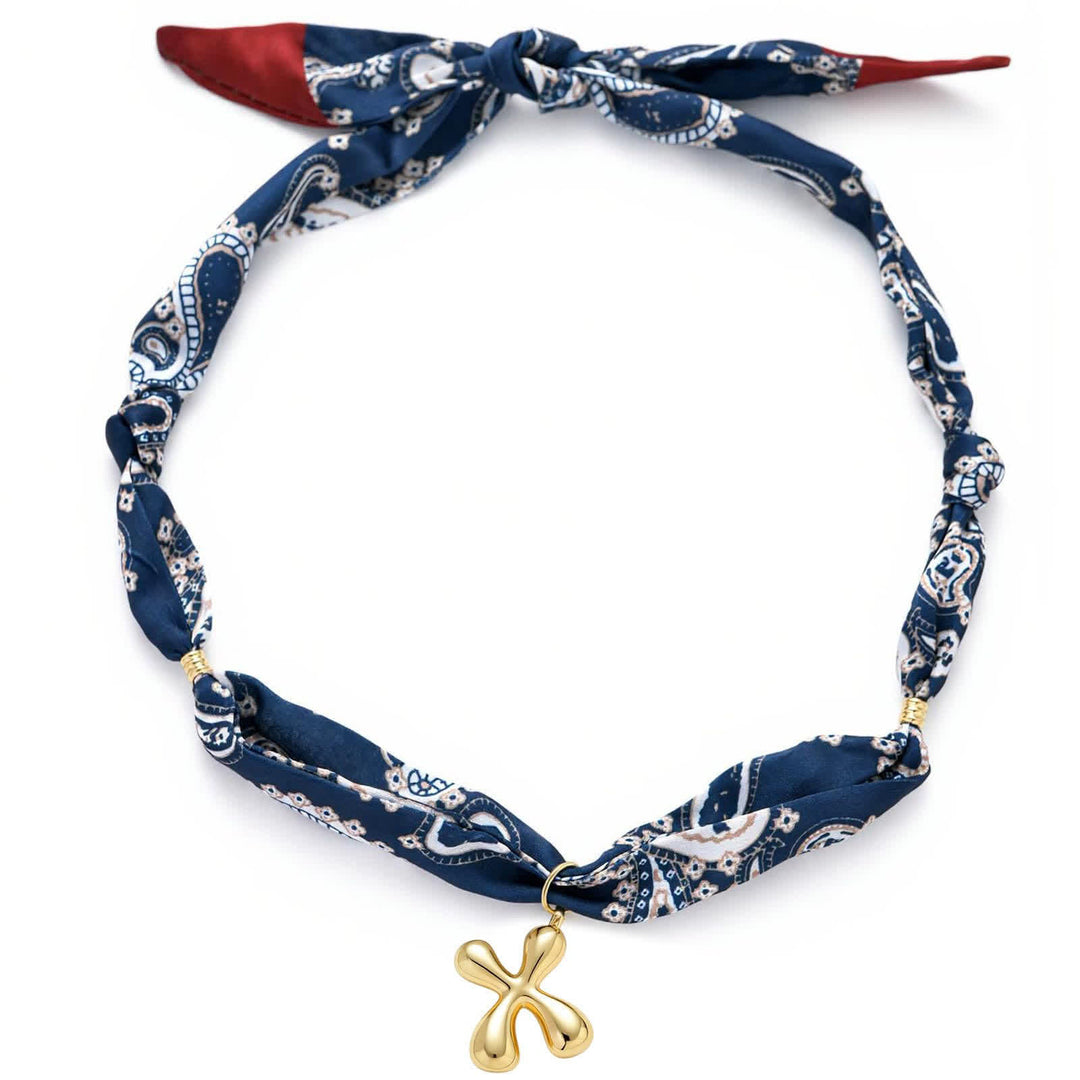 Initial Navy Paisley Bandana Scarf Necklace With Gold Bubble Letter Pendant - X - image 28