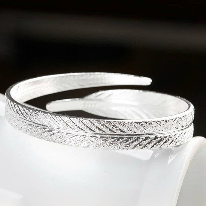 Vintage Feather Open Cuff Bangle Adjustable Silver‑Tone Bracelet for Women - image 4