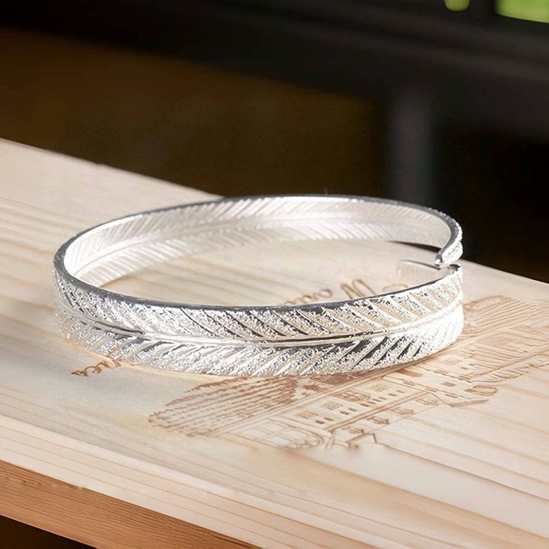 Vintage Feather Open Cuff Bangle Adjustable Silver‑Tone Bracelet for Women - image 2