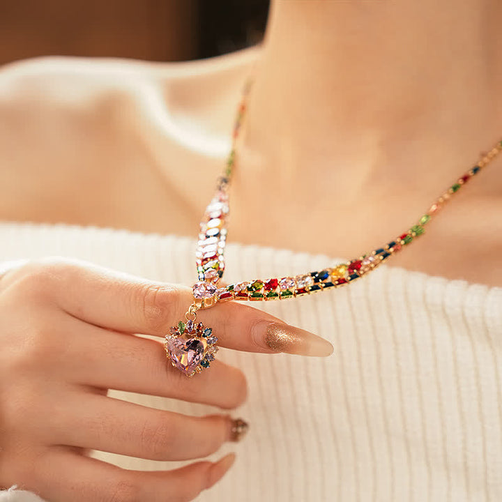 Rainbow Heart Necklace & Drop Earrings With Multicolor Zircon - Necklace - image 0