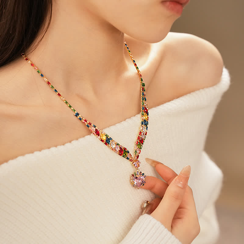 Rainbow Heart Necklace & Drop Earrings With Multicolor Zircon - image 3