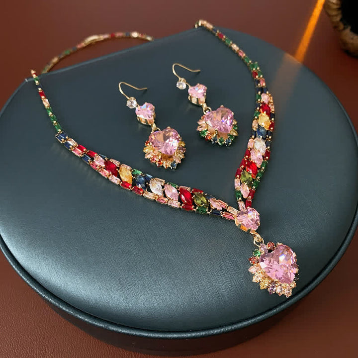 Rainbow Heart Necklace & Drop Earrings With Multicolor Zircon - image 5