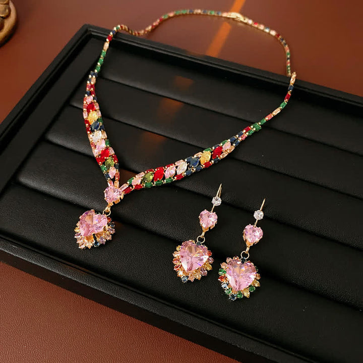 Rainbow Heart Necklace & Drop Earrings With Multicolor Zircon - image 4