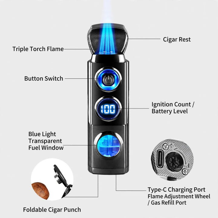 4-IN-1 Smart Triple Flame Cigar Lighter With Built-In Cigar Rest And Punch - image 3