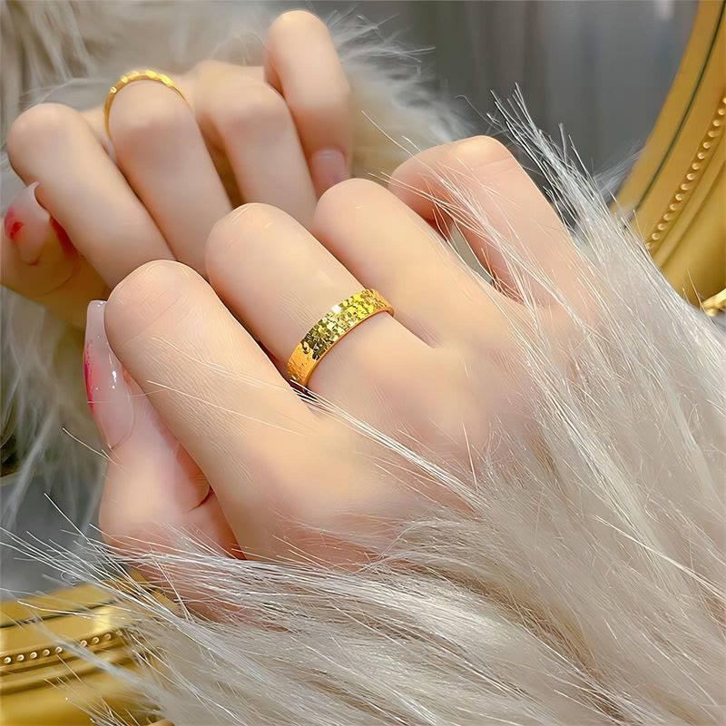 Crushed Ice Textured Titanium Steel Ring Gold Band Ring For Women - image 5