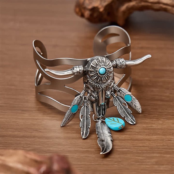 Southwestern Cow Skull Turquoise Feather Open Cuff Bracelet - image 1