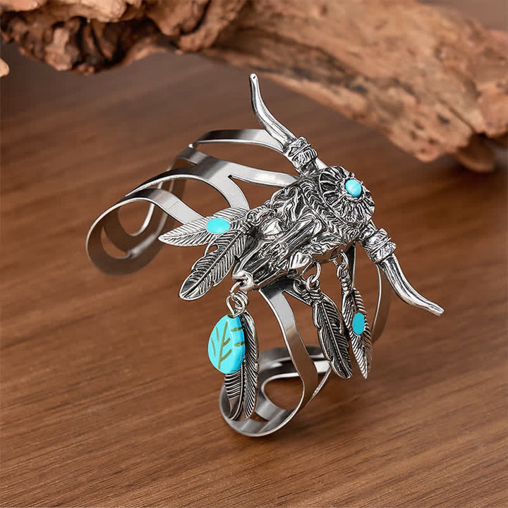 Southwestern Cow Skull Turquoise Feather Open Cuff Bracelet - Silver - image 0